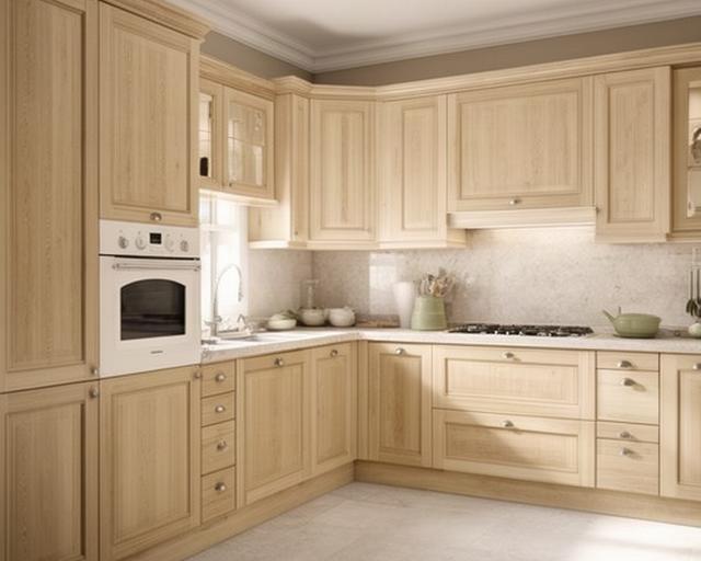 Cucina italiana classica con ante in legno chiaro, piano in pietra e luce naturale